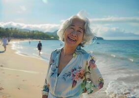ai generato ritratto di contento anziano asiatico donna sorridente su il spiaggia a tramonto foto