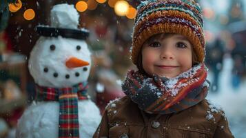 ai generato poco ragazzo in piedi Il prossimo per pupazzo di neve foto