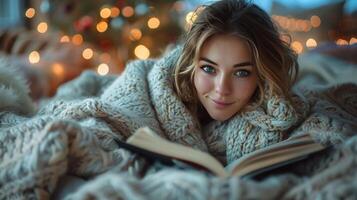 ai generato donna lettura libro nel letto foto