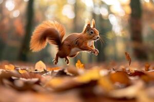 ai generato rosso scoiattolo nel autunno foresta .generativo ai foto