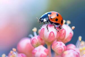 ai generato rosso coccinella su un' fiori bellissimo insetto nel natura.generativa ai foto