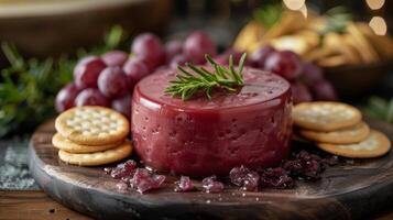 ai generato piatto con formaggio, cracker, e uva foto