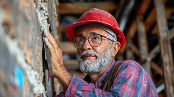 ai generato costruzione lavoratore indossare difficile cappello guardare su foto