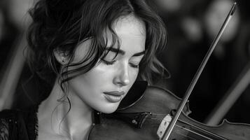 ai generato donna giocando violino nel nero e bianca foto