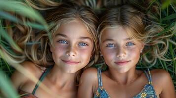 ai generato Due giovane ragazze posa nel erba foto