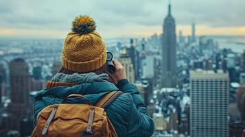 ai generato persona in piedi su alto edificio foto