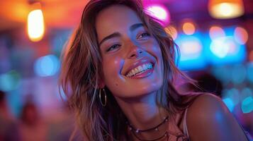 ai generato donna ridendo nel bar con neon luci foto