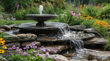 ai generato acqua Fontana circondato di fiori e rocce foto