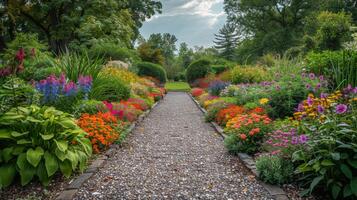 ai generato vivace giardino scoppiando con colorato fiori foto