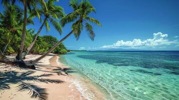 ai generato Due palma alberi su spiaggia con blu acqua foto