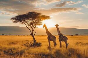 ai generato giraffa a savana su tramonto sky.generative ai foto