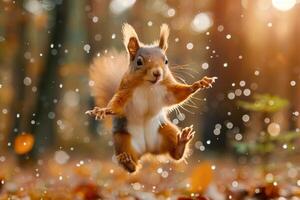 ai generato rosso scoiattolo nel autunno foresta .generativo ai foto