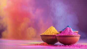 ai generato colorato holi polvere nel argilla ciotola su viola sfondo con copia spazio foto