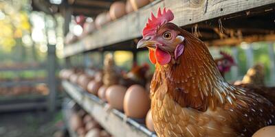 ai generato gallina con fresco uova su un' azienda agricola durante mattina foto