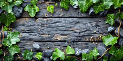 ai generato verde edera su nero di legno sfondo con spazio per testo foto