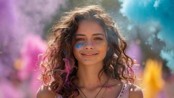 ai generato bellissimo giovane donna con colore polvere su viso a holi Festival foto