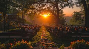 ai generato gruppo di persone seduta nel parco a tramonto foto