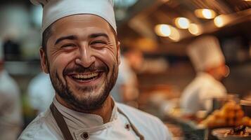 ai generato sorridente uomo nel chef cappello nel cucina foto