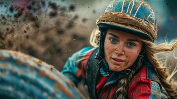 ai generato donna equitazione cavallo con casco foto