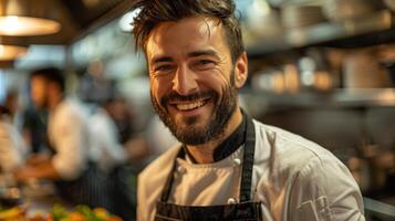 ai generato sorridente uomo nel chef cappello nel cucina foto