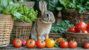 ai generato coniglio seduta nel davanti di verdure foto