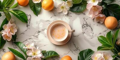 ai generato tazza di caffè con latte e primavera fiori su bianca marmo tavolo, piatto posare foto