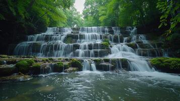 ai generato piccolo cascata nel foresta foto