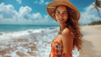 ai generato donna indossare cannuccia cappello su spiaggia foto