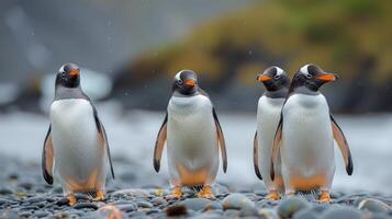 ai generato gruppo di pinguini in piedi su roccioso spiaggia foto