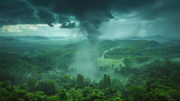 ai generato gigante nube librarsi sopra lussureggiante verde foresta foto