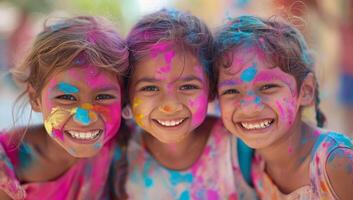ai generato ritratto di un' gruppo di contento indiano bambini con holi dipingere su viso foto