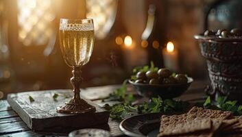 ai generato elegante tavolo ambientazione con vino bicchiere, candele, e rustico pane per accogliente cena. romantico lume di candela cena concetto con fresco erbe aromatiche e Vintage ▾ stoviglie. foto