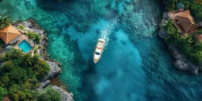 ai generato aereo Visualizza di un' barca su il turchese mare nel il tropici foto