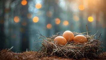 ai generato Marrone pollo uova nel nido su foresta pavimento con sfocato luci, che rappresentano naturale biologico cibo, Pasqua, o nuovo inizi foto