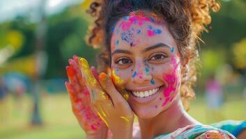 ai generato ritratto di contento giovane indiano donna con holi polvere su sua viso. foto