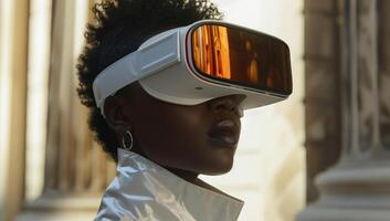 ai generato africano americano donna indossare virtuale la realtà occhiali. foto