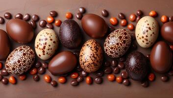 ai generato cioccolato Pasqua uova e caramelle su Marrone sfondo, superiore Visualizza foto