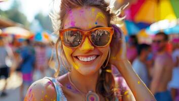 ai generato contento giovane donna con colorato polvere su sua viso a holi Festival foto