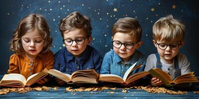 ai generato bambini lettura libri insieme, promuovere un' amore per apprendimento e immaginazione. foto