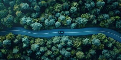 ai generato aereo Visualizza di un' auto in viaggio attraverso un' lussureggiante foresta foto