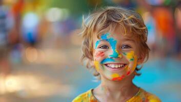 ai generato colorato holi Festival. gioioso ragazzo con dipinto viso foto