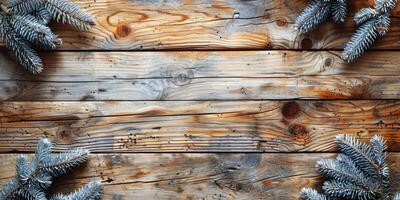 ai generato Natale sfondo. abete albero rami su rustico di legno tavole. foto