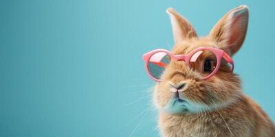 ai generato carino rosso coniglio indossare rosa cuore sagomato occhiali da sole su blu sfondo. foto