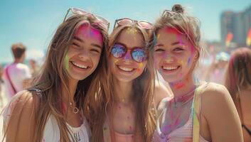 ai generato gruppo di amici avendo divertimento a il holi colore Festival foto