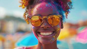 ai generato ritratto di contento afro americano giovane donna con holi polvere su viso a Festival foto