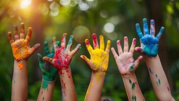 ai generato mani di bambino coperto con colorato dipingere su holi Festival. foto