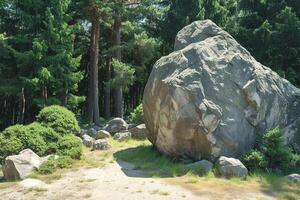 ai generato solido grigio masso contrasti contro verde alberi nel un' naturale ambientazione foto