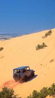 ai generato turista scappatella giallo sabbia dune con un' camionetta auto verticale mobile sfondo foto