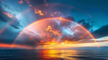 ai generato arcobaleno al di sopra di acqua in mezzo nuvoloso cielo foto
