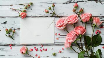 ai generato un' vuoto bianca saluto carta con un' rosa rosa fiore mazzo e un Busta con floreale mini cuffie su un' bianca di legno sfondo foto